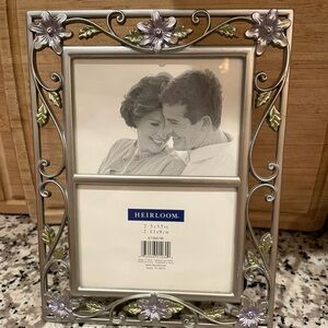 Double Photo Picture Frame Floral Scroll Design Purple Flowers Heirloom